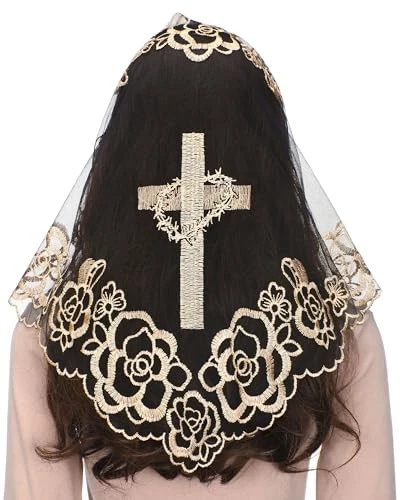 Catholic Chapel Veils for Women: Christian Flower Lace Mantilla Black Gold - Image 2 of 4