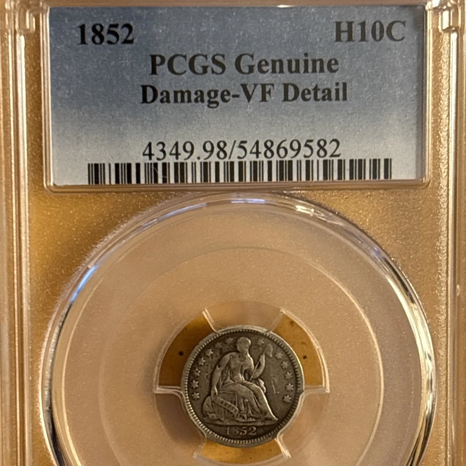 Bonita moneda de media moneda de diez centavos 1852 PacGS daños genuinos en muy buen estado detalle Foto 2 de 3