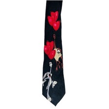 Vintage 90's Looney Tunes Mania Black Silk Tie Bugs Bunny Taz Heart Valentines
