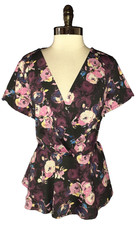 ASOS CURVE Plus Size 22W Shirt Top Black Pink Purple Floral Short Sleeve Stretch