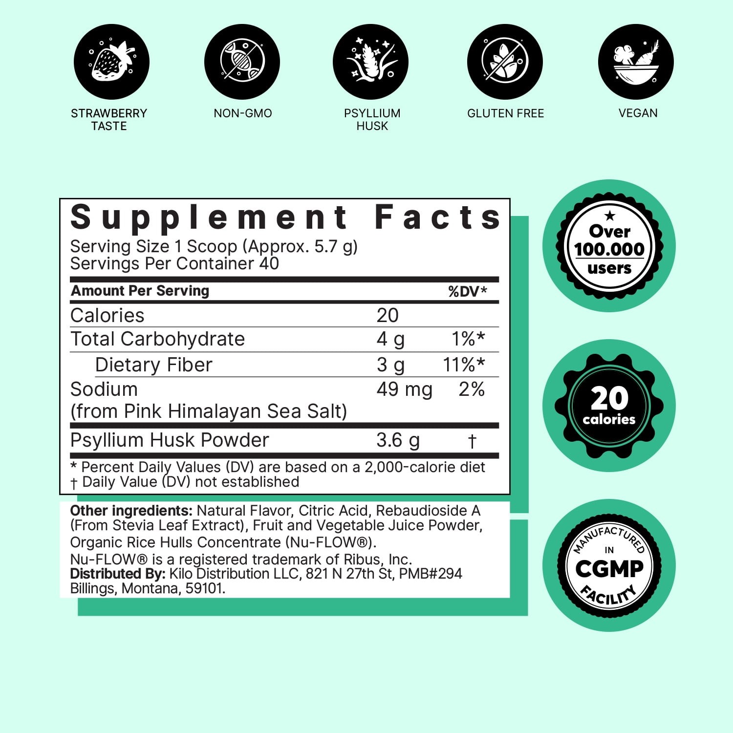 ColonBroom Psyllium Husk Powder Colon Cleanser - Fiber Supplement, Strawberry