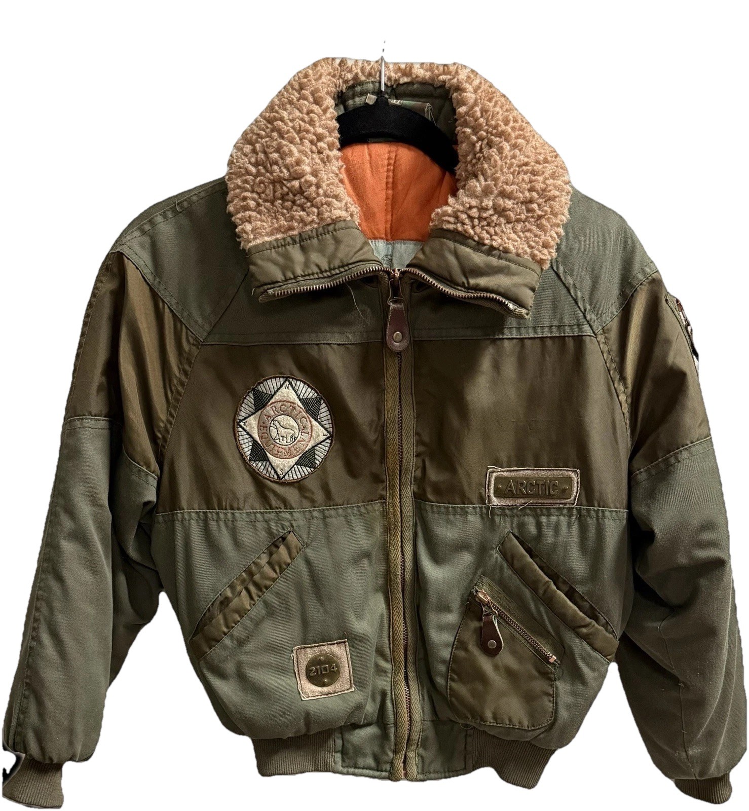 Rare VTG  Arctic Equipment Boys Bomber Jacket Green Brown Orange Patch Zip 2104