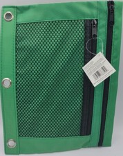 3 Ring Pencil Pouch with Mesh Window, 2 Compartments, Green. New