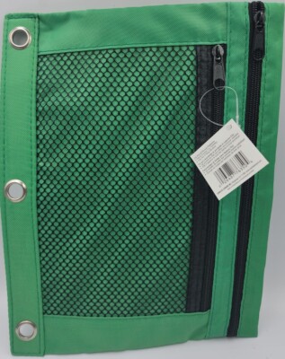 3 Ring Pencil Pouch with Mesh Window, 2 Compartments, Green. New 