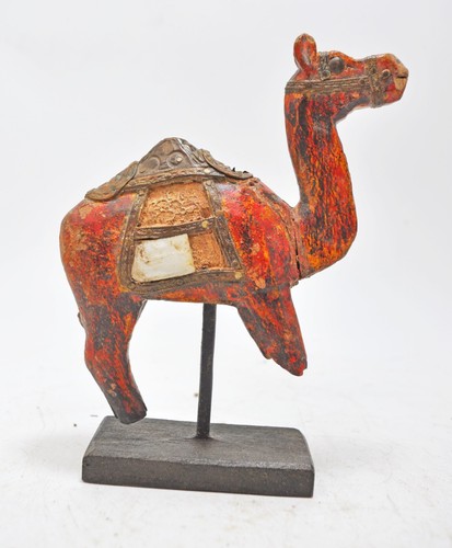 Vintage Wooden Camel Figurine Original Old Hand Carved Metal Fitted - Picture 3 of 9
