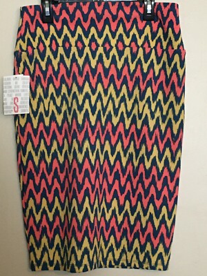 Lularoe Cassie Skirt Small NWT Zigzag Mod 70's Style Yellow Blue Peachy  Orange