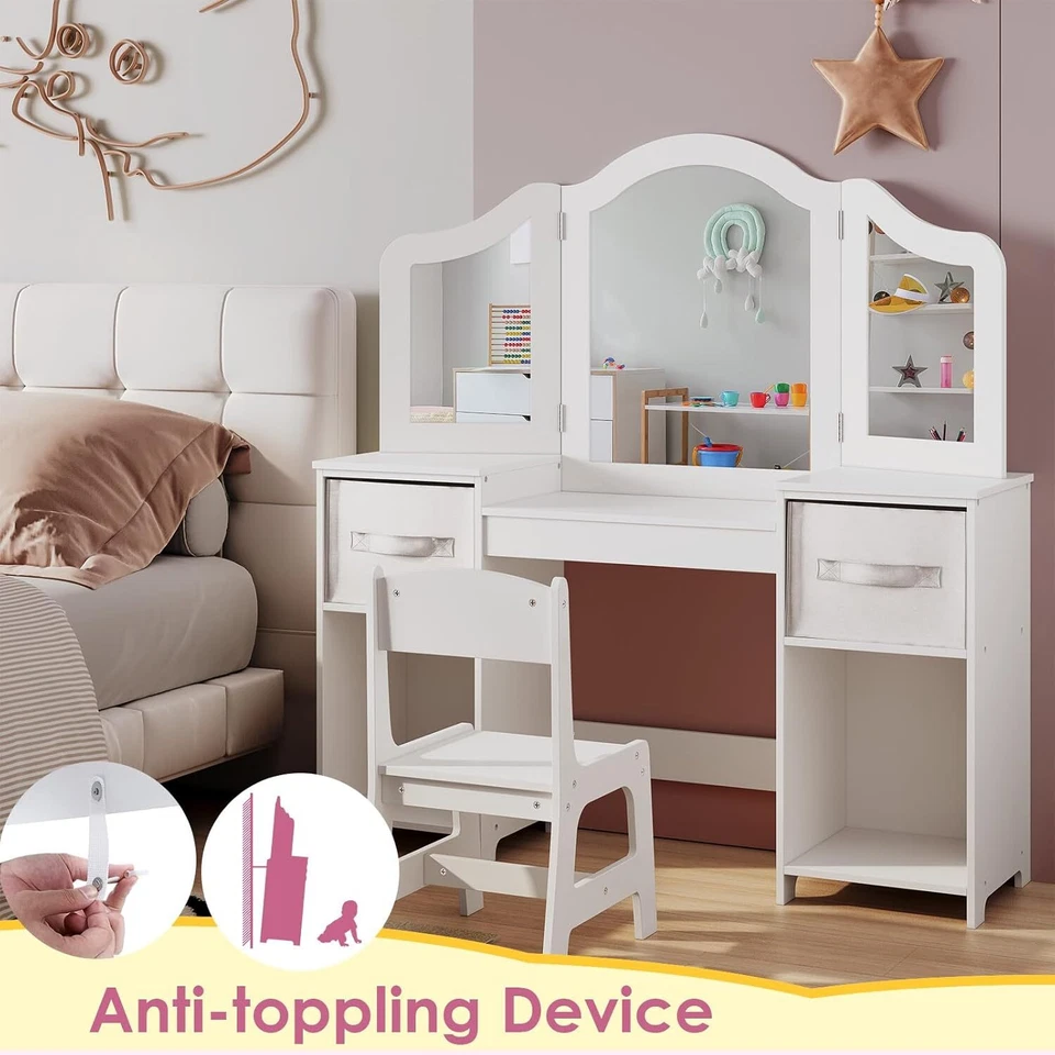 Juego de mesa de tocador para niños tocador maquillaje tocador escritorio y silla con espejo triple plegable Foto 4 de 4