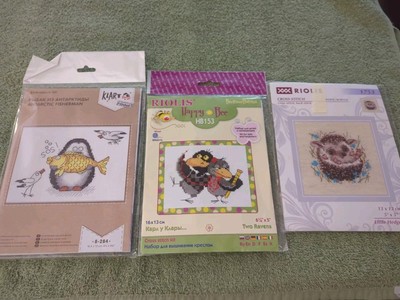 1 Riolis Counted Cross Stitch Kit Two Ravens, 1 Riolis Hedgehog, & 1 Klart Fish