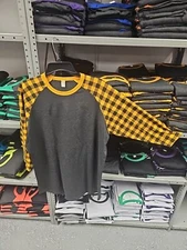 Raglan Yellow Gold Buffalo Plaid 3/4 Sleeves Charcoal Grey Body