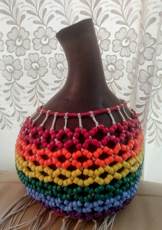 Handmade  Shekere Natural Gourd  12" x 9"  Glass beads guiro rumba bata
