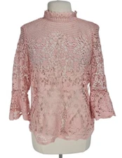 BOLD ELEMENTS CUT TO CURVE Women Tunic Top Size L Pink Floral Lace Bell SLV 195P