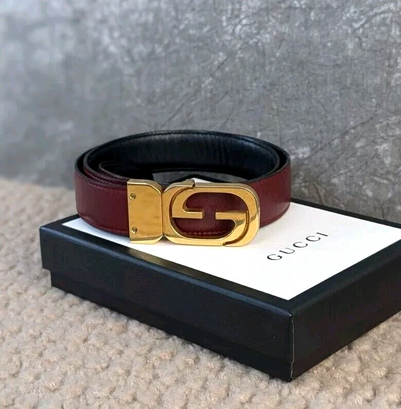 Ceinture vintage Gucci sang de bœuf/noir GG boucle plaqué or taille 25
