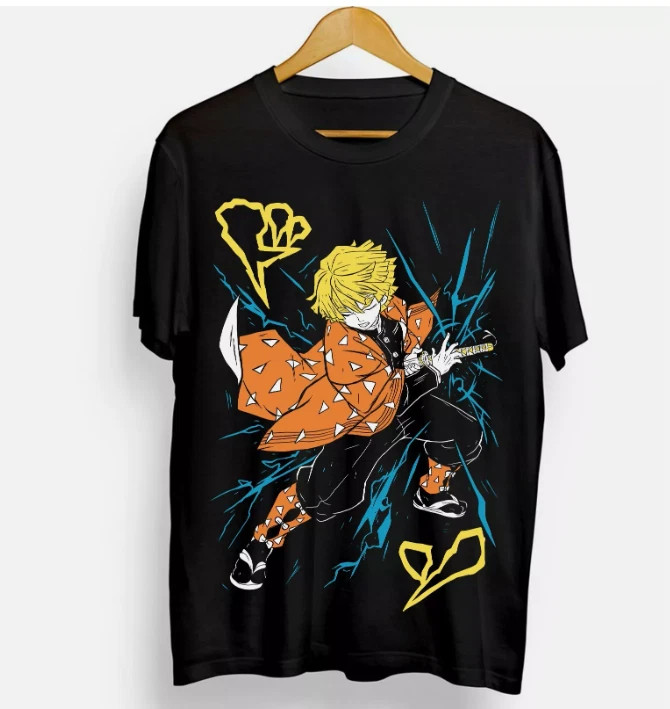 Camiseta Negra Anime Agatsuma Zenitsu Demon Slayer Kimetsu No Yaiba