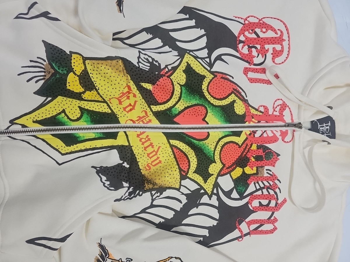 ED HARDY IVORY ZIP-UP HOODIE SIZE XL JESUS CROSS W/RHINESTONE 2026