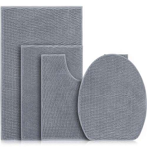 4 Pieces Bathroom Rugs Set with Toilet Lid Cover Soft Chenille Bath Mat Set 2...