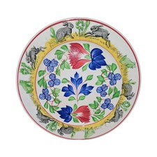 Antique Stick Spatter Rabbitware Plate Frog Border Folk Art Pottery 8.5”