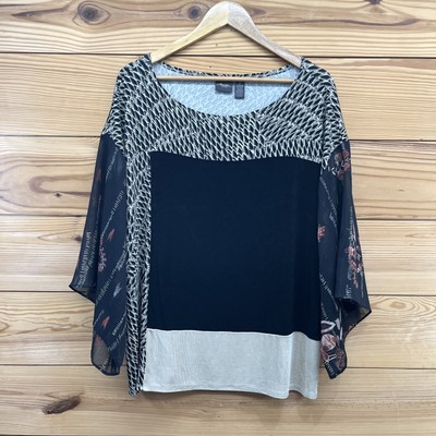 Chicos Travelers Shirt Large 2 Slinky Sheer Kimono Sleeve Black White Artsy B86