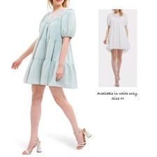 Lace Yoke Puff Sleeve Tiered Babydoll Mini Dress M Coquette