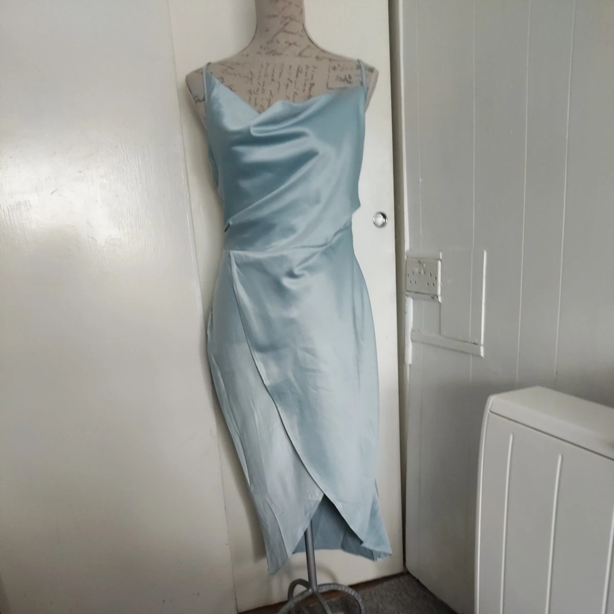 missguided blue satin dress Missguided Blue Satin Drape Asymmetric Strap Midi Dress