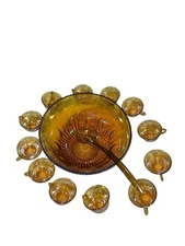 Vintage Amber Carnival Glass Punch Bowl, 12 Cups and Ladle Centennial Iridescent