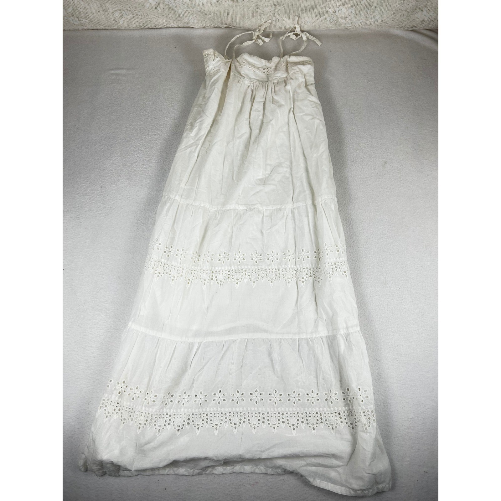 Old Navy Womens White Cotton Eyelet Tiered Maxi Dress Boho Tie Strap Large 10-12