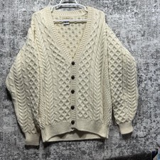 Vintage L.L Bean Fisherman Sweater Mens M 100 Wool Cardigan Made Ireland Cream