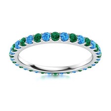 925 Sterling Silver Full Eternity 2MM Round Swiss Blue Topaz  Emerald Ring