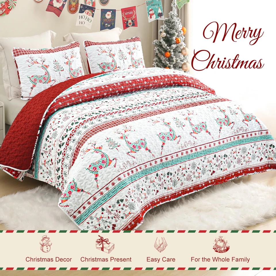 Colcha de Navidad tamaño king, colchas reversibles a rayas rojas oxidadas B... Foto 2 de 4