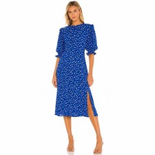 Faithfull The Brand Jean Marie Midi Dress Blue Daisy Floral Puff Sleeve Size S