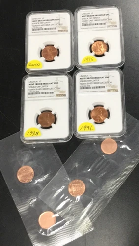 4-Different Date Mint Error Cents NGC "Struck Off Center" PARTIAL COLLAR RIMS ++