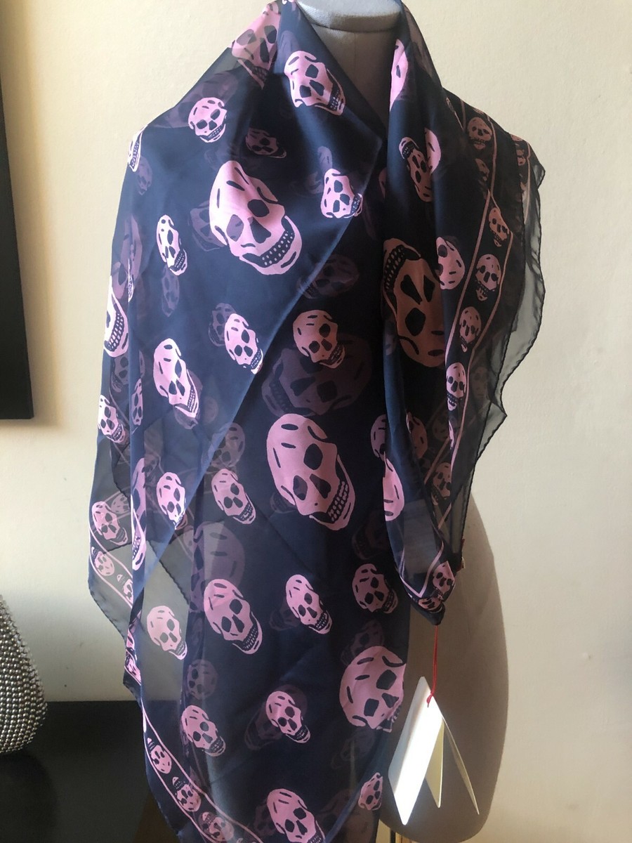 NEW ALEXANDER McQUEEN CLASSIC SKULL PRINT SILK CHIFFON NAVY