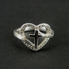 Ring Silver Heart middle Cross Cubic Zirconia Stones Band Sterling 925 Size 7