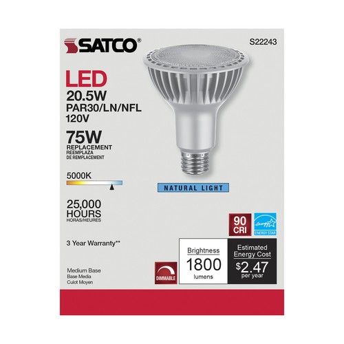 6 Pack Satco S22243 LED 120V 20.5W 75W PAR30LN Long Neck Medium E26 Silver 5000K - Picture 5 of 12