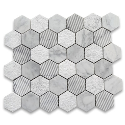 C32XM Carrara White Marble Hexagon Mosaic Tile Textured Mixed Finish NonSlip