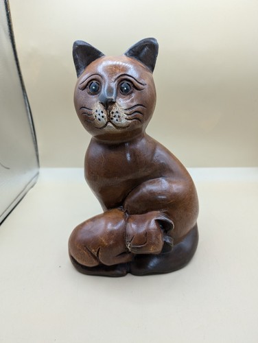 Gatto e gattino in legno intagliato a mano vintage madre 11 x 7 Thailandia RARO! - Foto 1 di 10