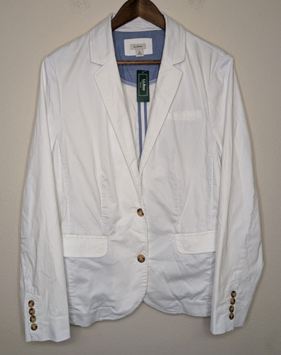 LL Bean Damen Weiß Baumwolle 2 Knöpfe Taschen vorne Blazer Jacke Größe L Neu mit Etikett