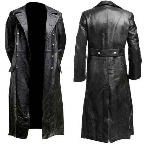 Men's Long Black Leather German Classic WW2 Military Trench Coat Jacket - Picture 8 of 8