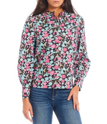 Roller Rabbit Manusa Glenda Top Floral Long Balloon Sleeve Black Cotton Size S