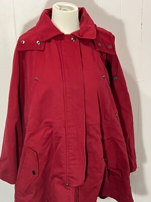 Nice J. Peterman Red Hooded Poncho Cape Zip Front Western Rivot Accents Pockets