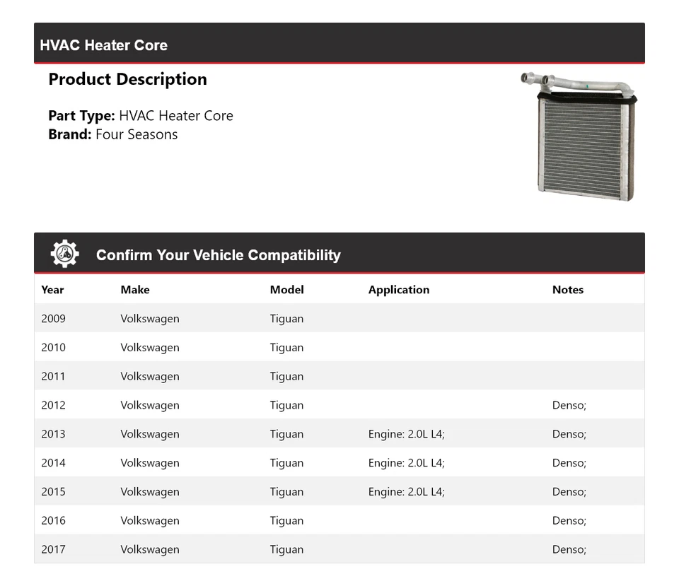 Para Volkswagen Tiguan 2009-2017 HVAC núcleo de calefacción 4 estaciones 2010 2011 2012 2013 Foto 2 de 4