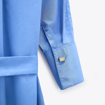 ZARA NEW PLEATED SHIRT DRESS W/ BELT SKY BLUE 100% COTTON