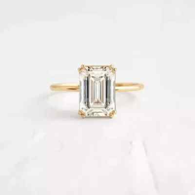 2CT Emerald Cut Simulated Diamond Engagement Women Ring 14K Yellow Gold Finish