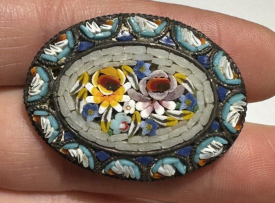 Antique Italie Or Tonique Bleu Rouge Micro Mosaïque Fleurs Verre Pin Broche - France