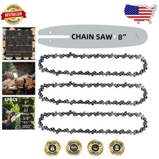 Durable 8 Inch Chainsaw Guide Bar & 3 Chains - Replacement, 3/8" LP, .050" Gauge