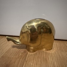 Vintage Brass Elephant Coin Bank Trunk Up With Brass Original Metal Stopper