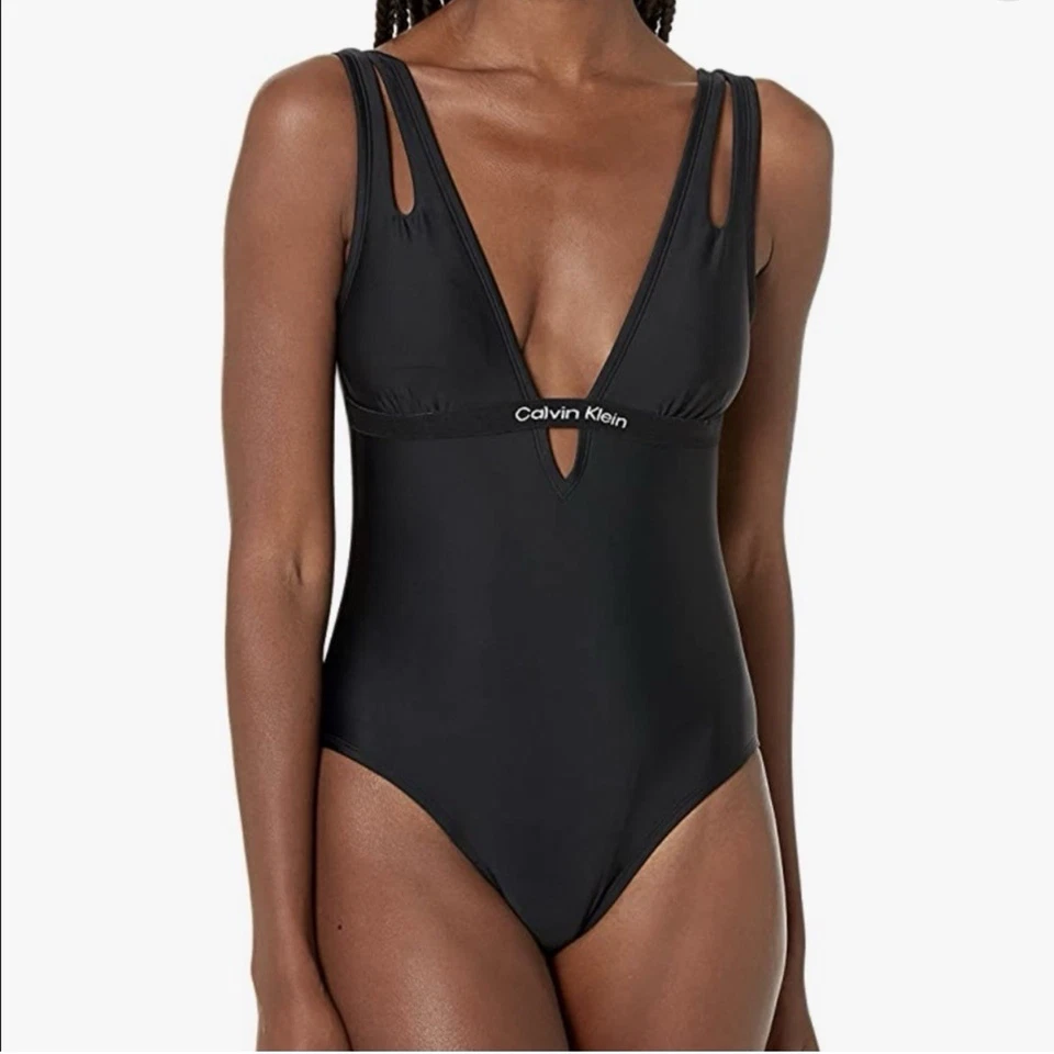 Calvin Klein Swimwear Women's Logo V-Neck Cut Out One Piece Swimsuit Size S - Image 2 of 4