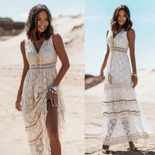 Women's Crochet Maxi Dress Spaghetti Strap V Neck Cami Knit Beach Boho Sundress