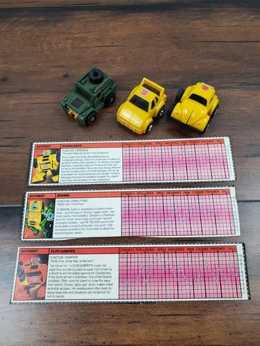 Vtg 1984 G1 Transformers Bumblebee CliffJumper Brawn Figure Lot Tech Spec Cards