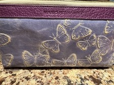 Mario Hernandez  Purple Blue Butterfly Leather Zip Clutch Wallet 9” X 5” X 1”