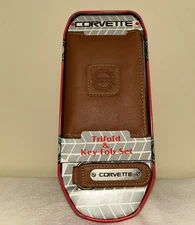 Corvette Vintage Tri-Fold Wallet Brown Genuine Leather & Key Fob New!